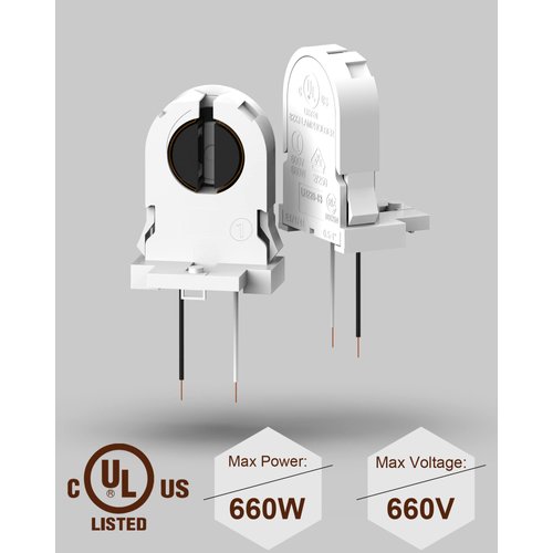 JACKYLED Screw Type T8 Lamp Holder with Wires 50-Pack UL Non-shunted Tombstone Light Socket for LED Fluorescent Tube Replacements