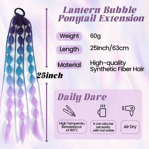 Long Braided Bubble Colored Hair Extensions, 25 Inches Bubble Kinky Rave Straight Ombre Lantern Braid Extension with Hair Tie Hairpieces for Girls Daily Wear(purple)