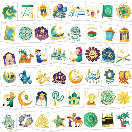 HOWAF 96pcs Eid Mubarak Temporary Tattoos, Ramadan Kareem Themed Face Tattoos Stickers for Boys girls with Star Moon Castle Patterns for Eid Party Decorations, Ramadan Mubarak Fake Tattoos