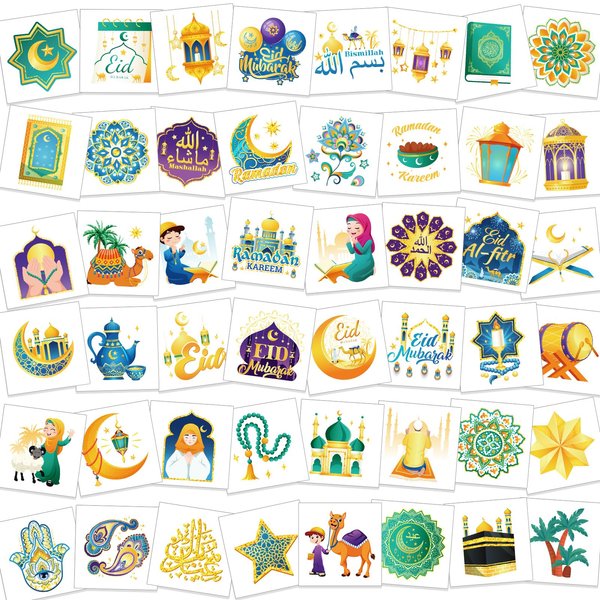 HOWAF 96pcs Eid Mubarak Temporary Tattoos, Ramadan Kareem Themed Face Tattoos Stickers for Boys girls with Star Moon Castle Patterns for Eid Party Decorations, Ramadan Mubarak Fake Tattoos