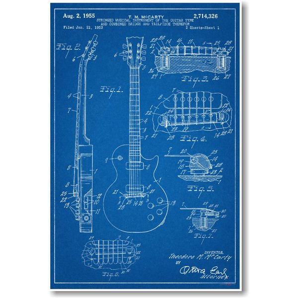 Gibson Les Paul Guitar Patent - NEW Famous Invention Blueprint Poster