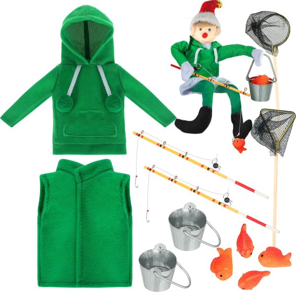 Sotiff 12 Pcs Christmas Fishing Doll Clothes Set Holiday Elf Doll Clothes Outfit Novelty Fishing Baker Elf Accessories for Kid Dollhouse Decoration