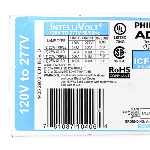 Advance ICF-2S26-M1-BS Compact Fluorescent Ballast, 1 or 2 Lamp, 26W Quad/Triple CFL, 120/277V