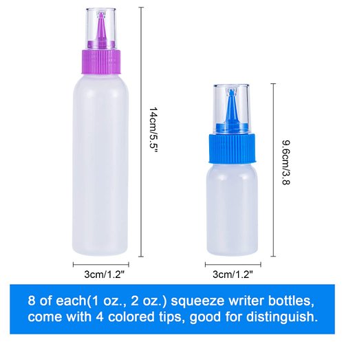 CHMACHI Squeeze Writer Bottles Set-16 Squeeze Cookie Icing Bottles, 1 Cleaning Brush and 1 Funnel, Applicator Bottles-8 Each (1 and 2 Ounce) for Food Coloring Cookie Decorating, Multicolored