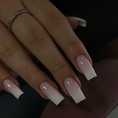 Long Press On Nails Coffin Nails Press Ons,KQueenest Ombre Pink Long Fake Nails For Women Girls,Gradient Pink French Nails Thick Gel Square Tip Nails Acrylic False Nails Set 24 Pcs