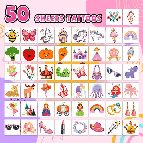 EMOME Kids Tattoos Temporary for Girls, 50 Pcs Individually Wrapped Tattoo Stickers for Kids, Waterproof Fake Tattoos for Goodie Bags Stuffers Fillers, Girls Birthday Party Favors Supplies Decorations