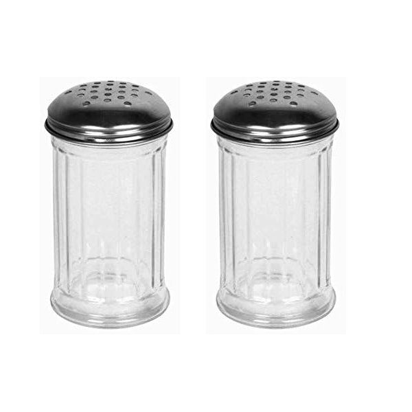 Great Credentials Set of 2 Multi-Purpose Spice Seasoning Grated Cheese Shaker Retro Dispenser, Glass Jar, Perforated Stainless Steel Lid 12 OZ Each (Perforated Lid)