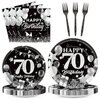 OBUSATT 96PCS 70th Birthday Party Supplies Black and White Silver 70th Happy Birthday Paper Plates Napkins 70th Party Decorations 70 Years Old Dinnerware Party Favor Men Women Tableware Serves 24