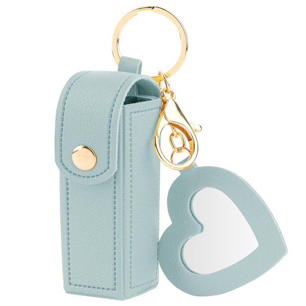 Beautyflier Lipstick Organizer Keychain Chapstick Case with Mirror for Women, Portable Lipstick Leather Holder Lip Gloss Bag Lip Balm Case for Travel, Party, Holiday Gifts (Blue, Heart)