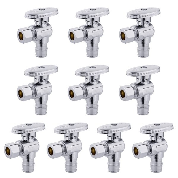 10 PCS EFIELD Stop Angle Valve Pex-A Inlet, 1/4 Turn,3/8" OD Compression X 1/2" Pex-A Expansion, Chrome Plated Brass