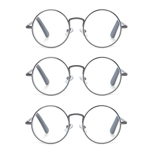 EYE ZOOM 3 Pack Metal Frame Round Reading Glasses with Spring Hinge (Gunmetal, +1.75 Strength)