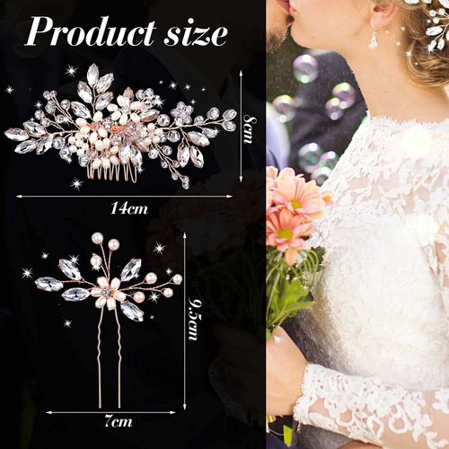 Yeshone 5 Pieces Wedding Hair Comb Bridal Hair Pins Crystal Pearl Hair Accessories Rhinestone Flower Hair Piece for Wedding Bride Women(Rose Gold,Classic Style)