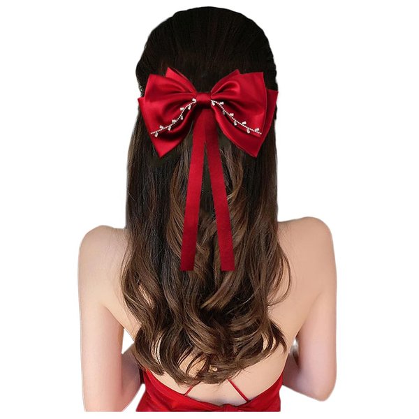 JKQBUX Silky Satin Big Bow Big Hair clips with Long Tail for Women Girs Crystal Wine Red Ribbon Bow tie Hair Spring Clips Bowknot Hair Accessories