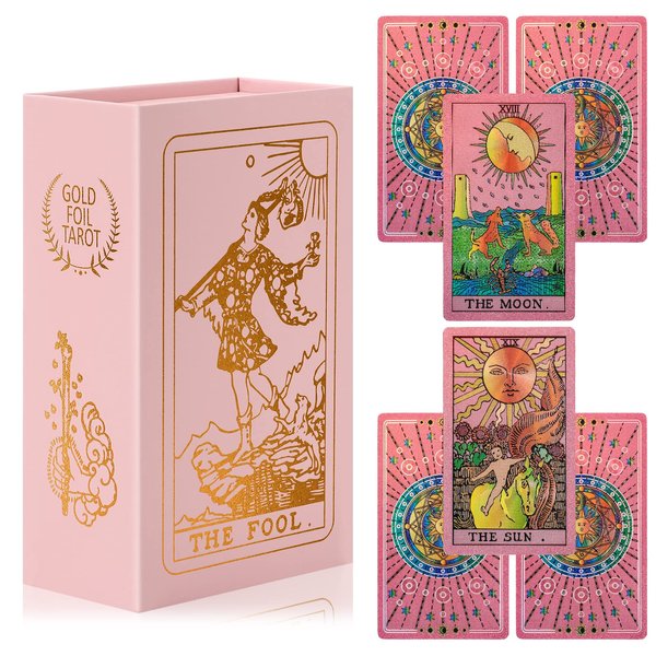 LYINGFISH Tarot Cards Pink Tarot Cards with Guide Book Waterproof and Wrinkle Resistant Tarot Gold Foil Tarot Cards for Beginners Pink Tarot Deck Tarot Cards with Meanings on Them Gold Tarot Cards