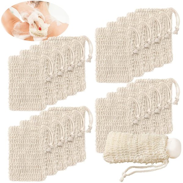 Varku 20 PCS Sisal Soap Saver Bag, Natural Cotton-Linen Exfoliating Soap Pouch for Foaming and Drying, Soap Bars Shower Soap Bag with Drawstring, Zero Waste Plastic-free Soap Holder