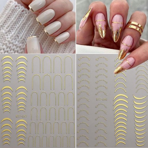 Gold Nail Art Stickers Metallic Line Nail Decals 3D Self-Adhesive Gold Silver Curve Stripe Wave Nail Design Luxury French Tip Manicure Nail Art Supplies for Women Acrylic Nails Decoration 8 Sheets