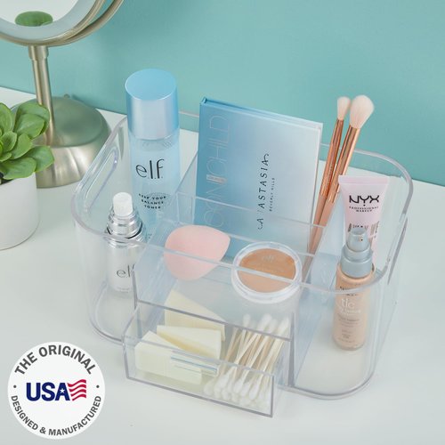 STORi Bliss 4-Compartment Plastic Vanity Organizer with Small Accessory Drawer in Clear | Rectangular Makeup, Skincare, & Cosmetic Storage Bin with Pass-Through Handles | Made in USA