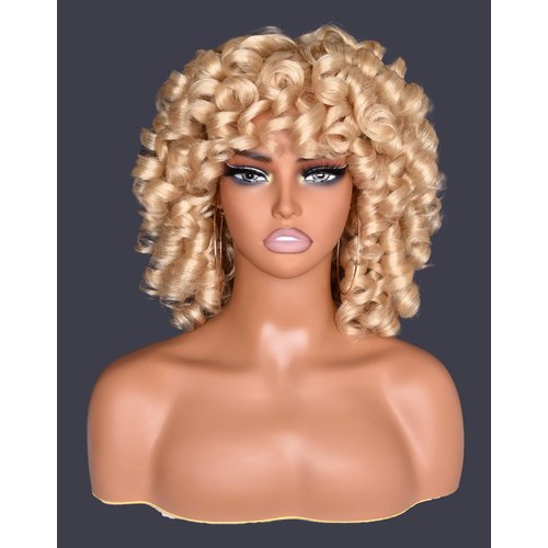 CurlCOO Blonde Curly Wigs for Black Women Short Curly Wig with Bangs Soft Big Loose Cute Afro Kinky Curly Hair 14 Inch Synthetic Wig for Black Women(Blonde)