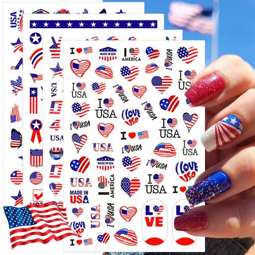 IDDFEVE 8 Sheets 4th of July Nail Stickers, Independence Day Patriotic Nail Decals, 3D Design Self-Adhesive USA Flag Star Nail Art