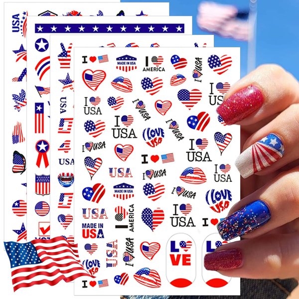 IDDFEVE 8 Sheets 4th of July Nail Stickers, Independence Day Patriotic Nail Decals, 3D Design Self-Adhesive USA Flag Star Nail Art