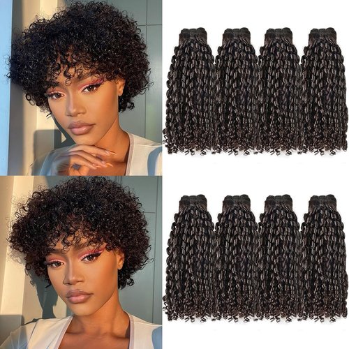 Pixie Cut Curly Human Hair Bundles - Curly 100% Human Hair Weave 4 Bundle(10 10 10 10 inches) Pixie Cut Curly Brazilian Pixie Curly Cut Virgin Human Hair Extensions 50g/bundle Natural Color