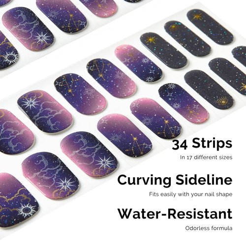Nailog Semi Cured Gel Nail Strips 34 pcs | Long Lasting Nail Polish Sticker Wraps with Glossy Gel Finish | Constellation