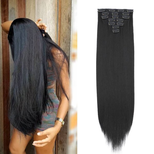 DMStarcky Clip in Hair Extensions 24 Inches Straight Hairpieces 7Pieces/Set Heat Resistant Synthetic Fiber Full Head Clip in Hair Extension for Black Women Double Weft DIY Hair Extensions(1B# Black