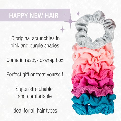 Scunci by Conair Holiday Gift Set for Women, Scrunchie Gift Box Set, Perfect Gift for Mom, Sister or Wife with 10 Scrunchies in Pink and Purple Shades