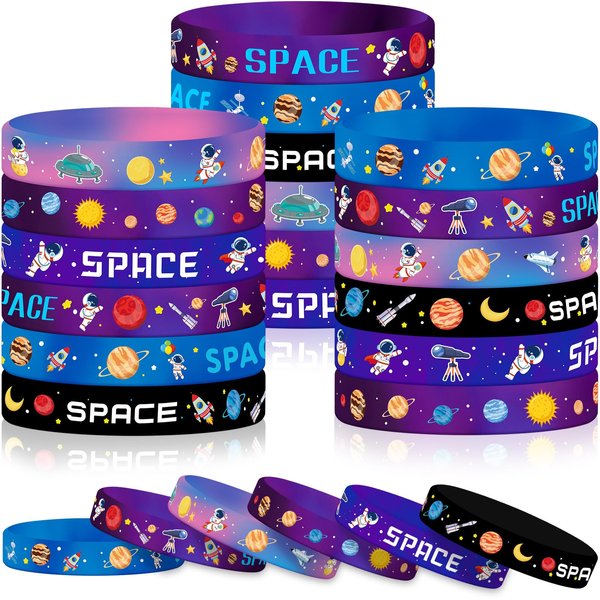 JUNEBRUSHS 42pcs Outer Space Party Favors Silicone Bracelets Galaxy Astronaut Stars Space Rubber Wristbands Accessories for Students Space Themed Birthday Party Favors Decorations Supplies(6 Designs)