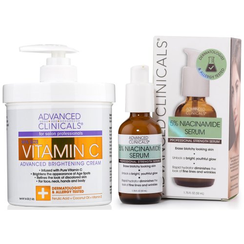 Advanced Clinicals Brightening Vitamin C Cream + 5% Niacinamide Serum W/Hyaluronic Acid 2pc Set | Vitamin C Body Lotion Moisturizer & Dark Spot Remover Face Serum | Skin Care Products, 2pc Bundle