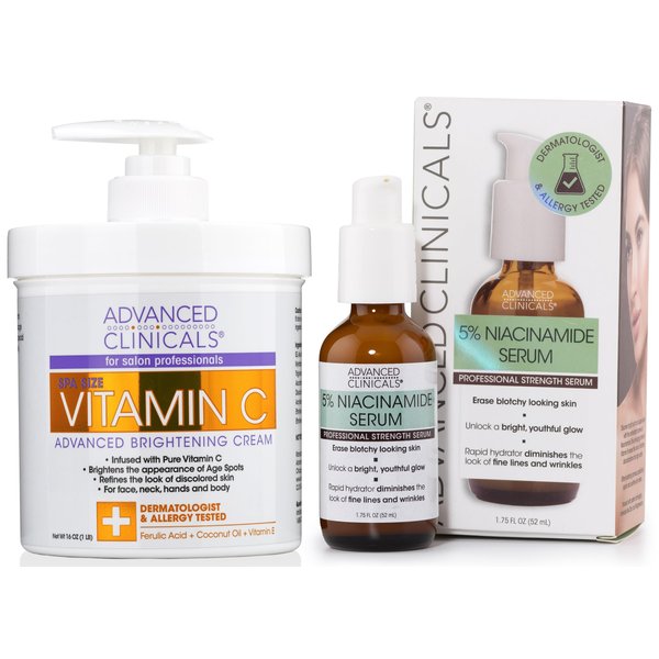 Advanced Clinicals Brightening Vitamin C Cream + 5% Niacinamide Serum W/Hyaluronic Acid 2pc Set | Vitamin C Body Lotion Moisturizer & Dark Spot Remover Face Serum | Skin Care Products, 2pc Bundle