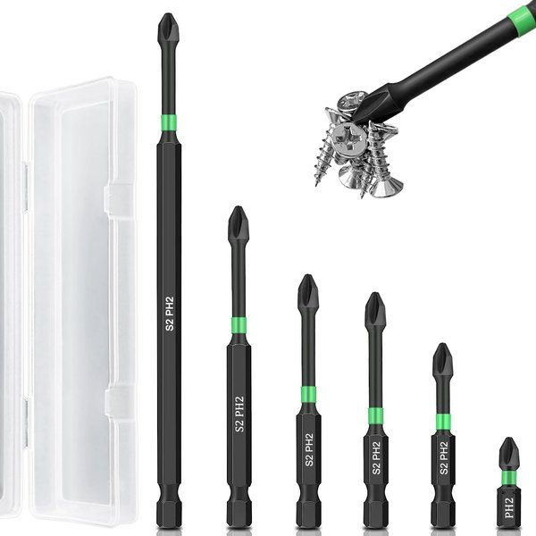Magnetic Phillips Bits Set - BPQWLF Phillips Bits #2 Impact Magnetic, Magnetic Phillips Head Drill Bits, 1/4 Inch Hex Shank Quick Release (6PC,25-150mm)