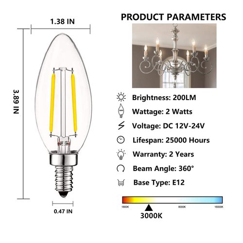 SHUWDKAR 12V Candelabra LED Light Bulb Low Voltage 25 watt Equivalent, 12V LED Bulb E12 3000K 24volt Candelabra Light Bulbs for RV, 6 Pack