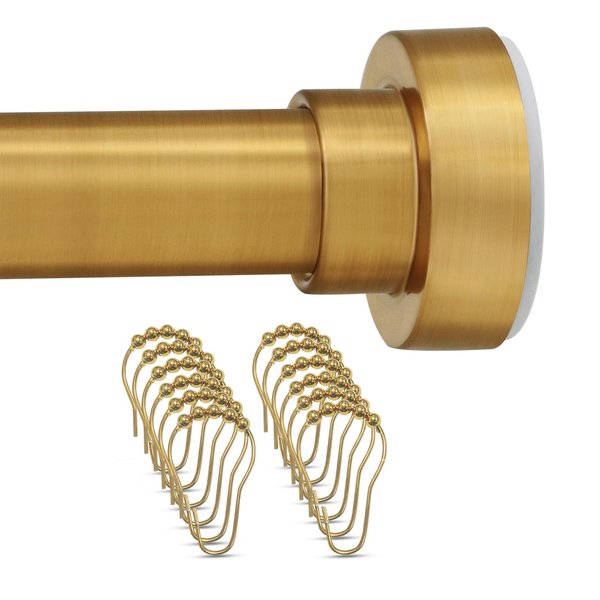 YNL Shower Curtain Rod with 12 Shower Curtain Rings, 34-82 Inches, Non-Slip, Never Rust, No Drill Tension Curtain Rod for Bathroom & Window & Closet or Door, Shower Rod Stainless Steel, Brushed Gold