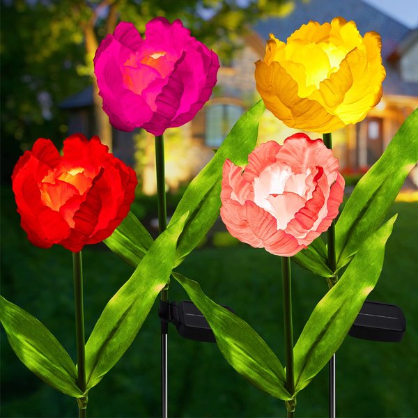 Outdoor Solar Flower Lights - 4 Pack Solar Garden Lights with Lager Tulip Flowers, Waterproof Solar Garden Stake Lights for Lawn Patio Pathway Yard Farm Wedding Decoration