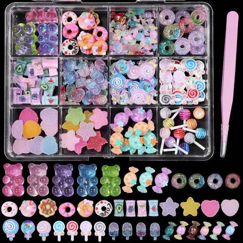 3D Candy Lollipop Bears Nail Charms, Mix Assorted Colorful Donut Ice cream Sweet Cute Nail Charms Star Heart Colors Candy Nail Art Charms for Nail Art DIY Crafts Accessories with Pickup Tools