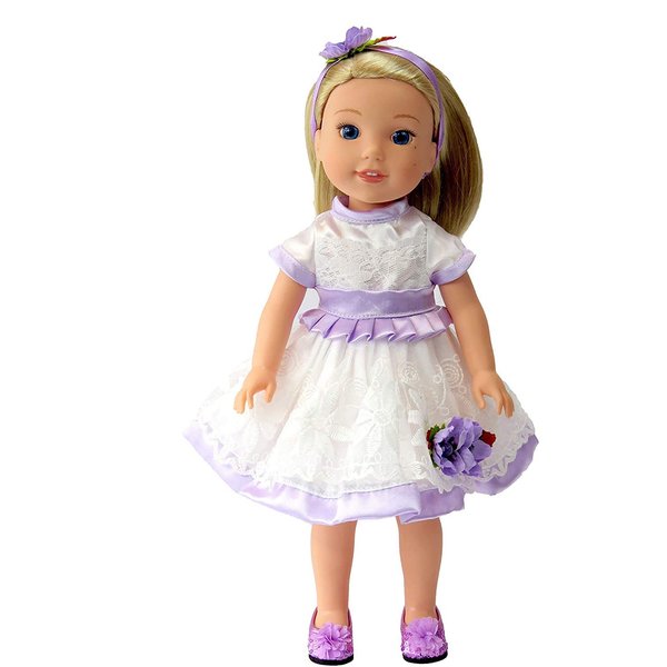 American Fashion World White and Purple Dress for 14-Inch Dolls | Headband Included | Premium Quality & Trendy Design | Dolls Clothes | Outfit Fashions for Dolls for Popular Brands