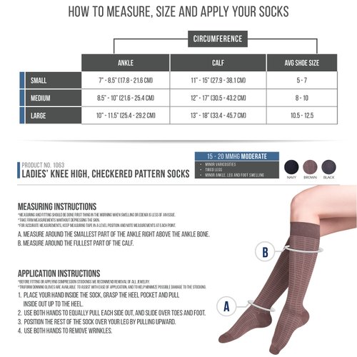 TOUCH Compression Socks for Women, 15-20 mmHg, Checkered, Cotton, 1 Pair, Navy, Small