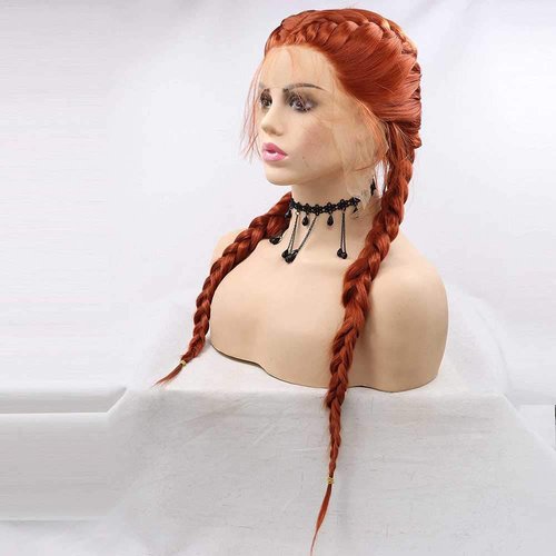 melody wig Synthetic Copper Red Braid Lace Front Wigs 360#Color Double Braided Wig Heat Resistant Fiber Long Braid Wig With Baby Hair …