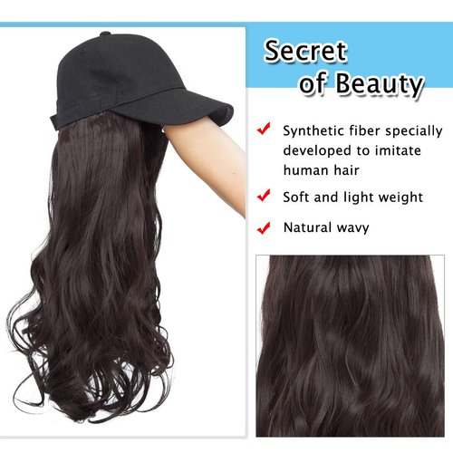 SEGO Baseball Cap with Hair Extensions for Women Adjustable Hat with Hair Attached Synthetic Long Wavy Wig with Black Hat Stylable for Pigtail Ponytail 16 Inch Dark Brown 290g