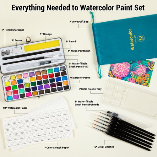 ANYUKE Watercolor Paint Set, 50 Colors Water Colors Paint Adult Set for Beginners and Professionals, Travel Watercolor Set with Carrying Bag, Watercolor Papers and Detail Paint Brushes
