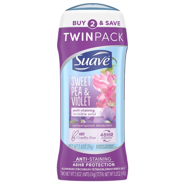 Suave Deodorant Antiperspirant Deodorant Stick 48-hour Odor and Wetness Protection Sweet Pea Violet Deodorant for Women, 2.6 Ounce (Pack of 2)