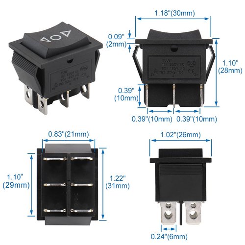 Baomain Momentary 6 Pin DPDT Button Rocker Switch (ON)/Off/(ON) AC 250V/10A 125V/15A Black Plastic (1PCS)