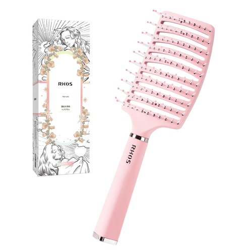 RHOS Curved Vented Hair Brush for Faster Blow Drying/Styling,Paddle Vented Hair Brush for Women&Men-Styling Hair Brush for Curly,Thick,Bangs,Wet and Dry Hair (1 Pack-Pink)