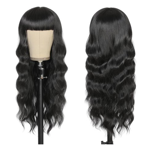 punhurt Black Wig with Bangs 26inch Long Black Wig Wavy Wig for Women Synthetic Wig Curly Natural Black Wigs for White Women Girls Wig with Bangs