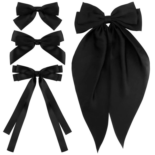 Atoden Black Hair Bows for Women Girls 4 Pcs Silky Satin Hair Ribbons Oversized Long Tail Bow Hair Clips Hair Barrettes Alligator Metal Clips Big Bowknot Cute Hair Accessories Gifts