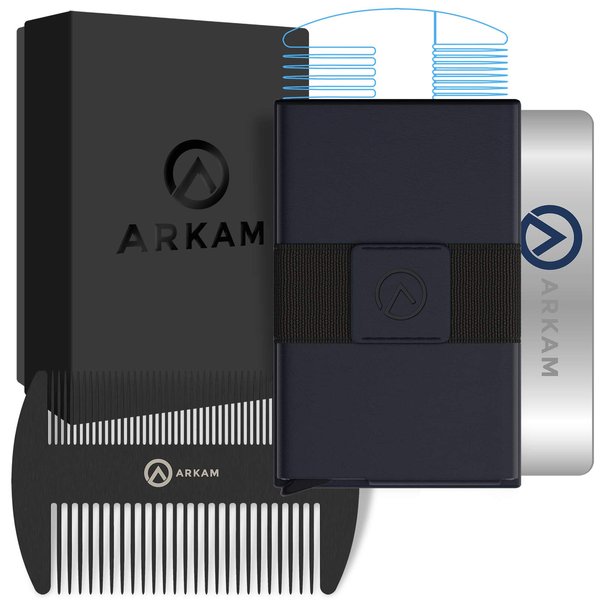Arkam Beard and Mustache Comb Wallet - Premium RFID Blocking Card Holder, Fine Tooth Grooming Comb for Beards, Minimalist Wallet (Matte Black)