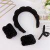 SuPoo 4pcs Face Wash Headband and Wristband Set Black Sponge Makeup Headband Puffy Skincare Headband Terry Cloth Spa Headband Cute Wrist Towels Hair Band for Washing Face Accessory with Claw Clips