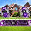 Purple 18th Birthday Decorations, Black Purple Silver Happy 18th Birthday Yard Banner and 24pcs 18th Birthday Balloons for Women Girls 18th Birthday Anniversary Party Supplies Indoor Outdoor Decor