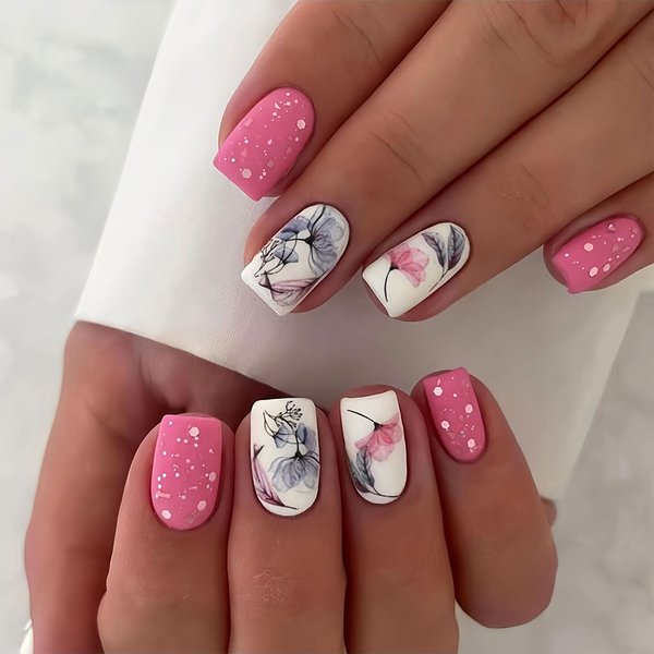 BFY Flower Press on Nails Short Square Fake Nails, Ink Lotus Acrylic Nails Tip, Spring Summer Rose Red White Matte False Nails Kits Natural Fit Stick on Nails Glue 24Pcs